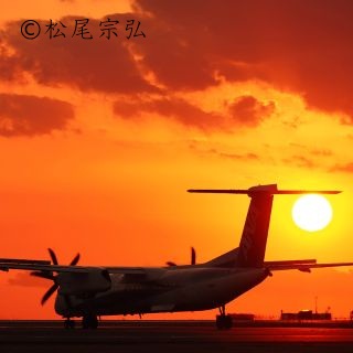 夕日とプロペラ機